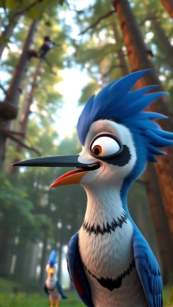 A close-up of Kiki calling out, surrounded by tall trees and a quiet atmosphere, with only echoes in response.