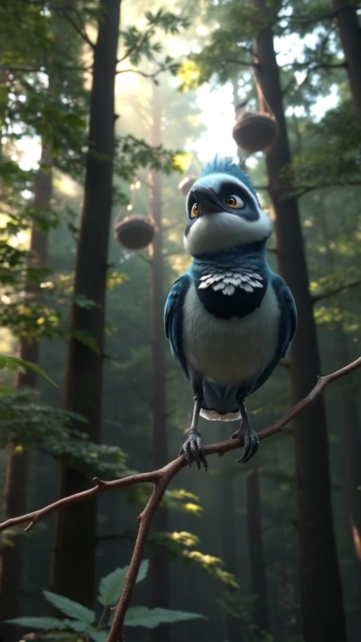 Kiki, a small bird, perched on a branch, looking around anxiously in a dense forest.