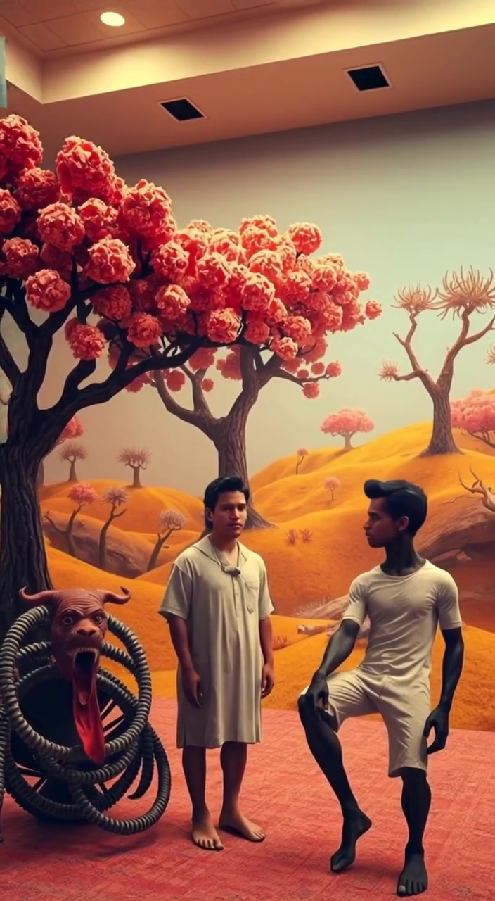 A figure with unusual features glances around a whimsical landscape filled with vibrant trees and strange creatures.