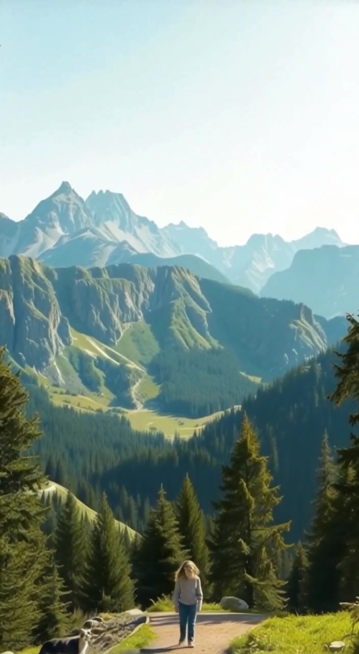 The figure gazes up in awe at the towering mountain peaks surrounding them, trees gently swaying in the breeze.