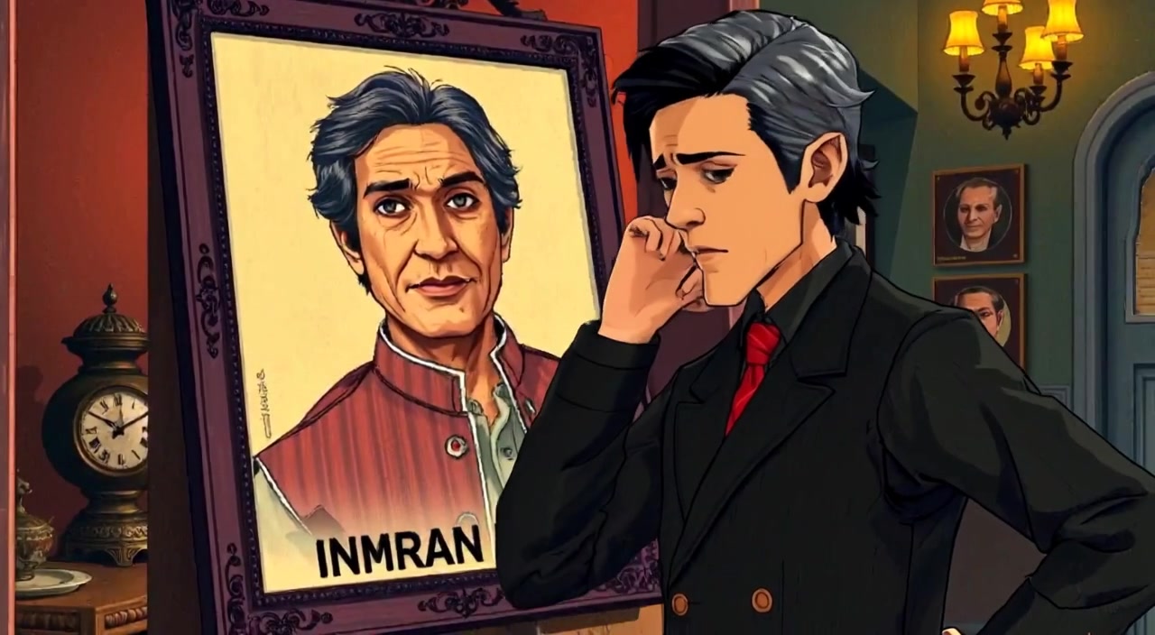 A young man reflects deeply while adjusting his stance before a poster of a famous leader.