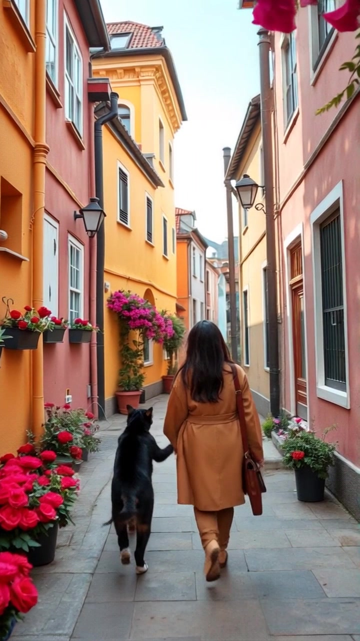 Subject: A couple walking hand in hand along a quaint street. Subject movement: They stroll leisurely down the sidewalk, occasionally glancing at each other and smiling. Scene: Colorful houses line the street, surrounded by vibrant flowers in bloom. Lighting: Soft, ambient afternoon light envelops the scene, enhancing the cheerful colors of the neighborhood. Motion: The camera follows the couple closely, capturing their joyful expressions as it moves gently alongside them, providing a warm, inviting view of their setting.