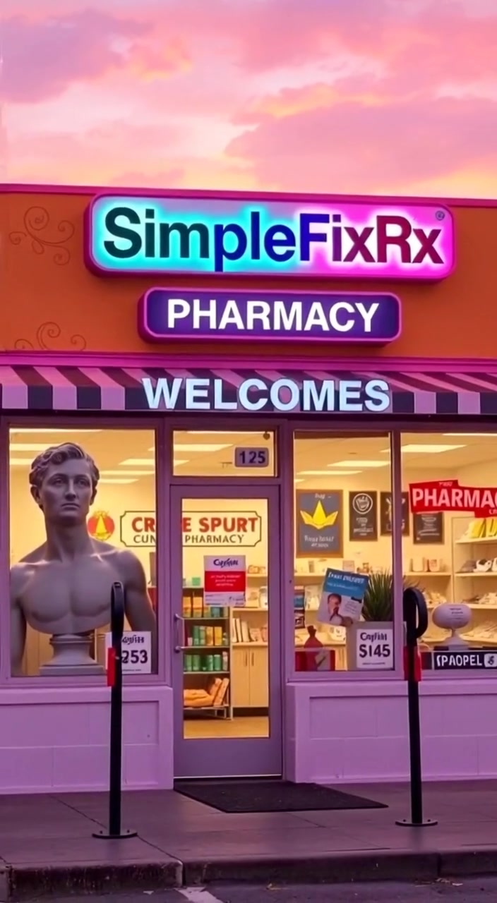 A gentle breeze sways the pharmacy sign while the entrance lights softly glow in the evening.