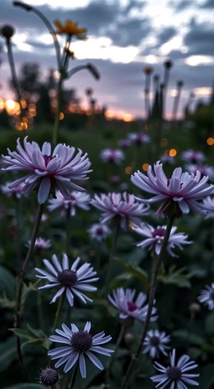 A magical garden filled with oversized flowers and glowing plants, under a twilight sky.