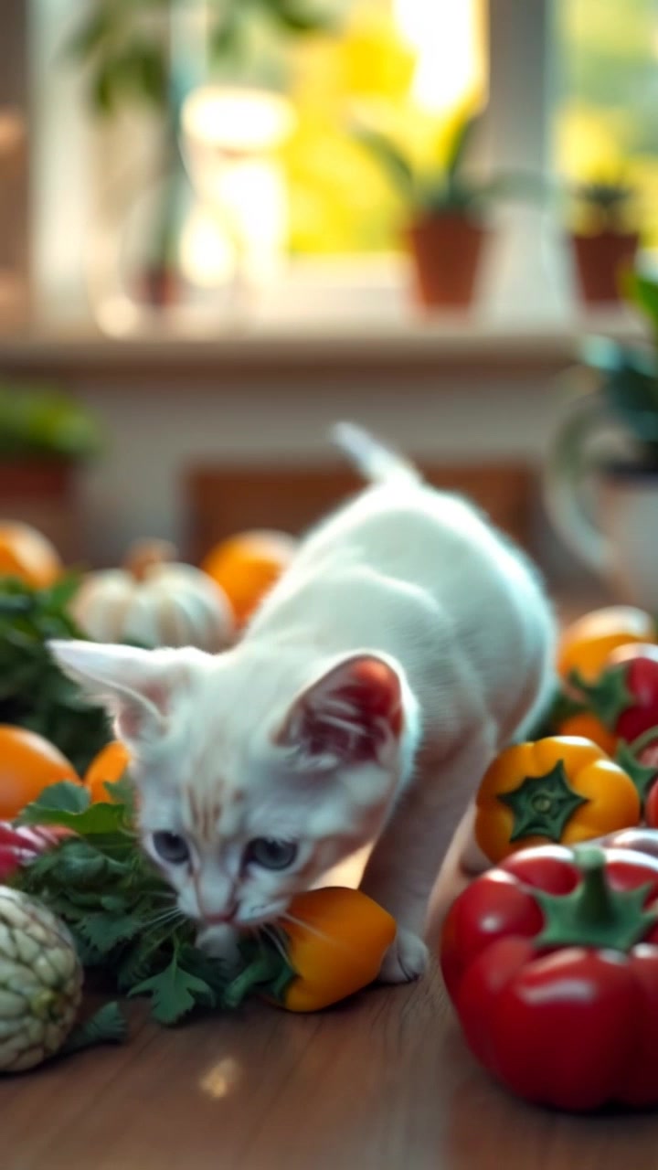 Anak Kucing Lucu Makan Sayur dan Buah