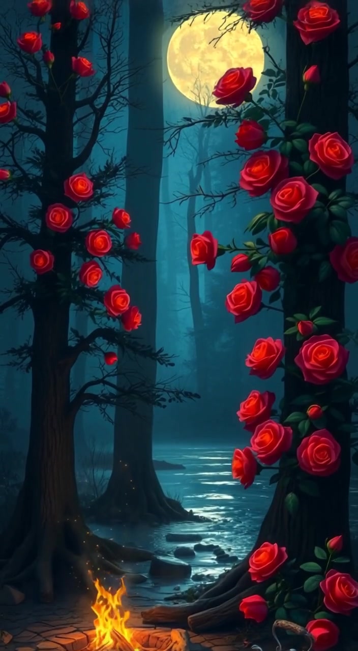 The camera gently pans through a mystical, moonlit forest adorned with softly glowing red roses.