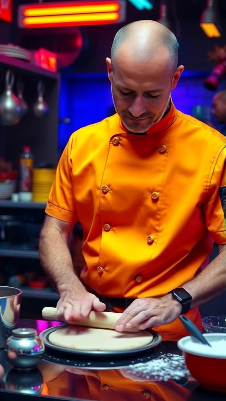 Subject: A focused Chef with a white coat and traditional toque, meticulously rolling out dough on a floured surface amid an array of kitchen tools. Subject movement: The Chef's hands deftly maneuver the rolling pin over the dough, creating smooth, uniform sheets. Scene: A bustling, rustic kitchen filled with hanging copper pots, wooden utensils, and aromatic ingredients, bathed in warm, natural light. Camera language: Slow zoom in on the Chef's hands as they work the dough, capturing the precision and skill in each movement. Lighting: Soft, diffused afternoon sunlight streaming in through a window, casting gentle shadows and highlighting the textures of the ingredients. Atmosphere: Cozy, inviting, and filled with the comforting sounds of cooking.