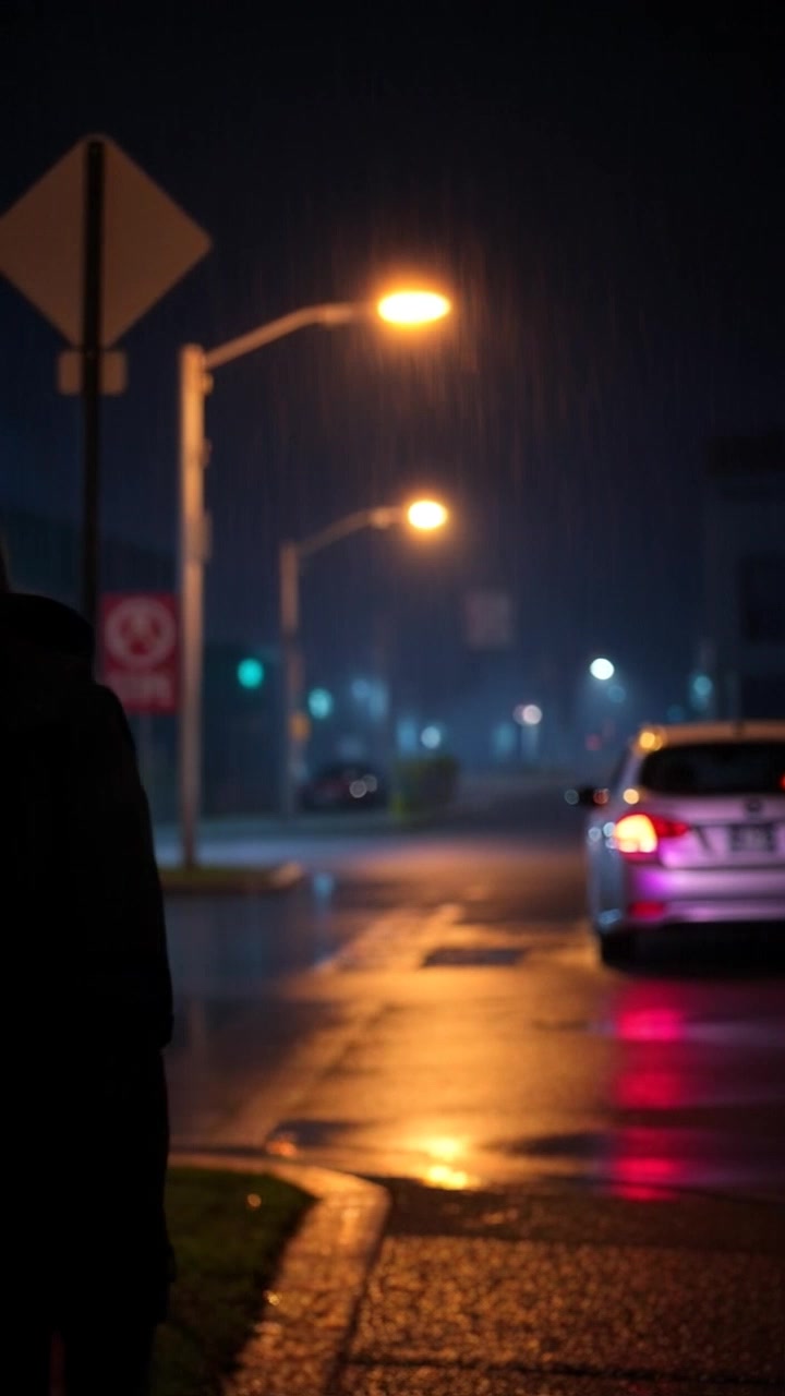 Scene: A dimly lit street under a single streetlight, with rain cascading down around the figure of a person walking cautiously. Style: Soft, diffused lighting with glistening reflections on wet pavement, evoking a sense of solitude. Motion: The camera tracks in slowly from behind, following the figure's hesitant steps as they navigate through the rain, capturing the rhythmic sound of droplets hitting the ground.