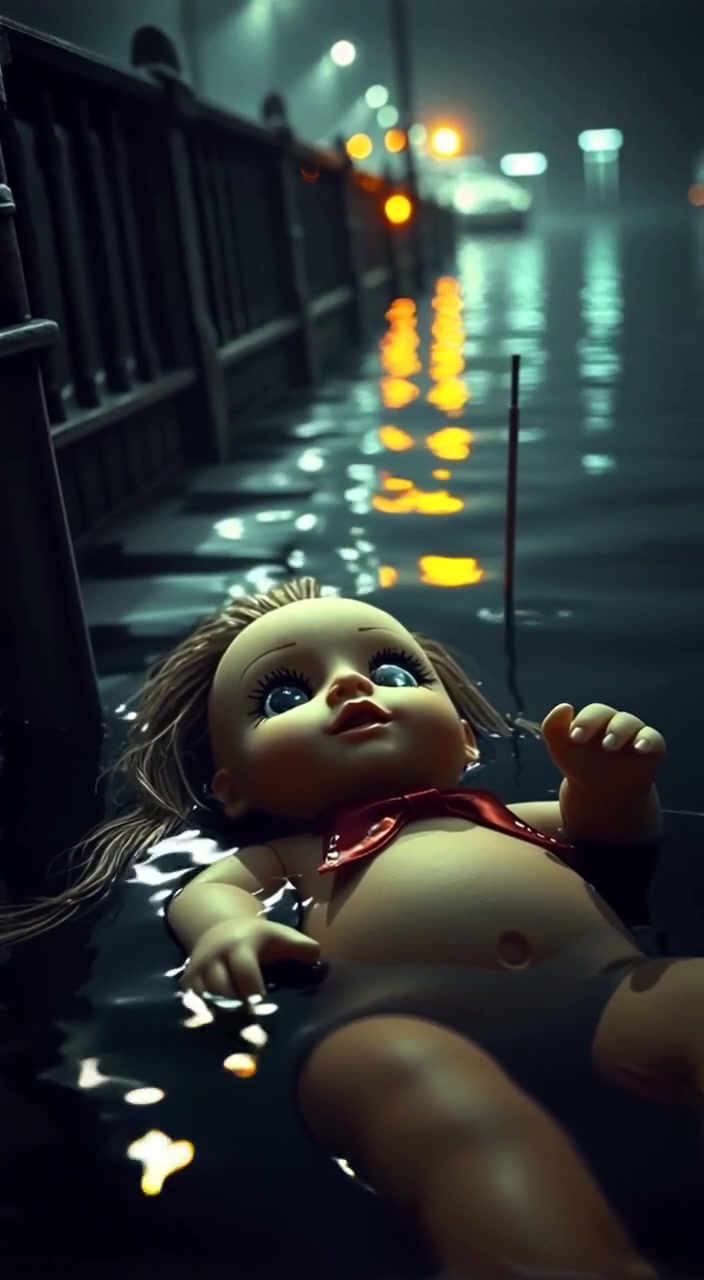 A waterlogged doll gently floats along the riverbank, reeds swaying softly in the water's reflection.