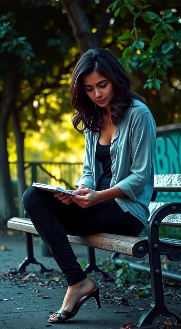 The woman gently opens the baggie while glancing around the quiet park.