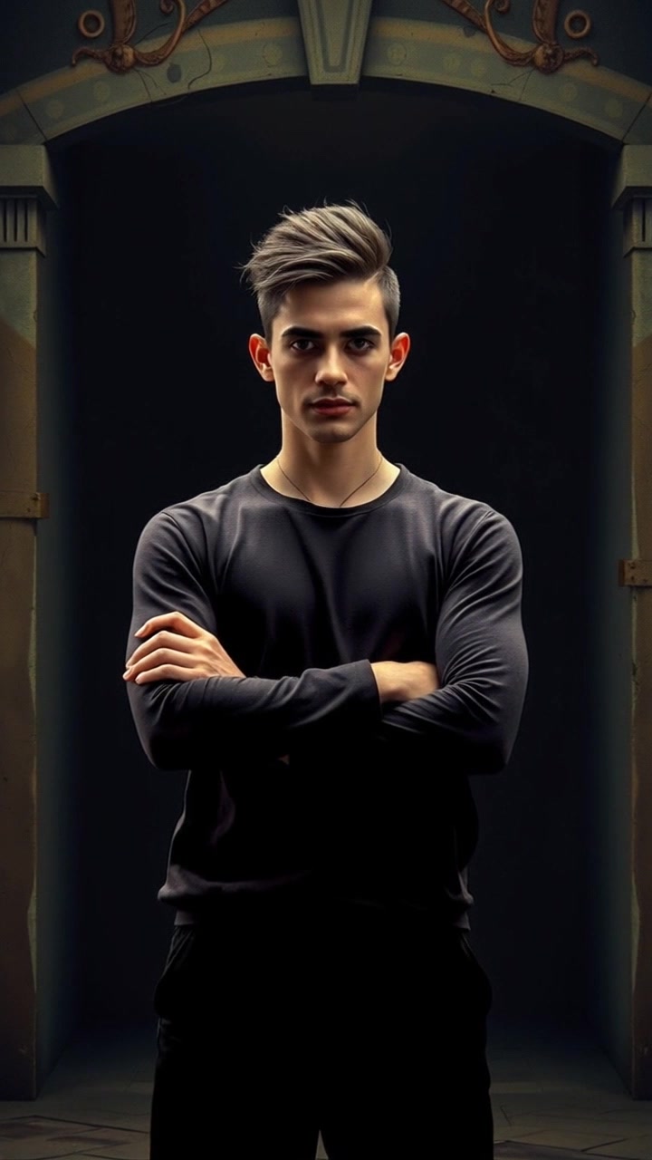 Subject: Khaled standing upright, arms crossed. Scene: A dimly lit corridor with a dark doorway behind him, shadows creeping along the walls. Lighting: Low-key, creating a mysterious and moody atmosphere. Motion: The camera slowly pushes in on Khaled, capturing the tension in his posture as he stands still, framed against the ominous doorway.