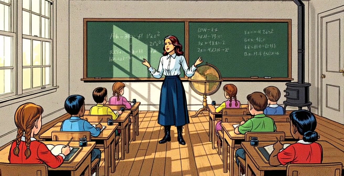 The Schoolteacher standing confidently in front of a classroom with children seated.