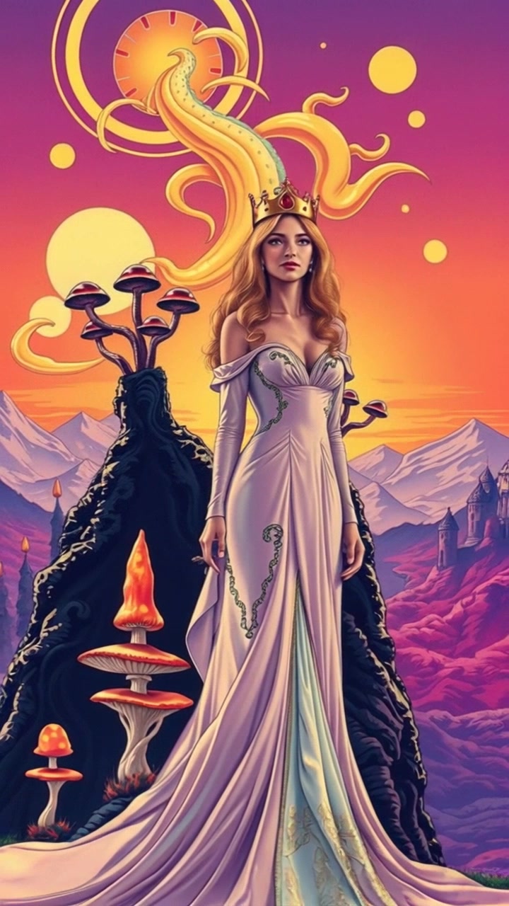 Subject (The Princess with a crown and elegant gown, standing proudly on a hilltop, overlooking her kingdom) + Subject movement (Slowly turns head to survey the kingdom) + Scene (Castle in the background, lush greenery all around) + Camera Language (Slow zoom out to capture the vastness of the kingdom) + Lighting (Soft golden hour light) + Atmosphere (Majestic and regal)