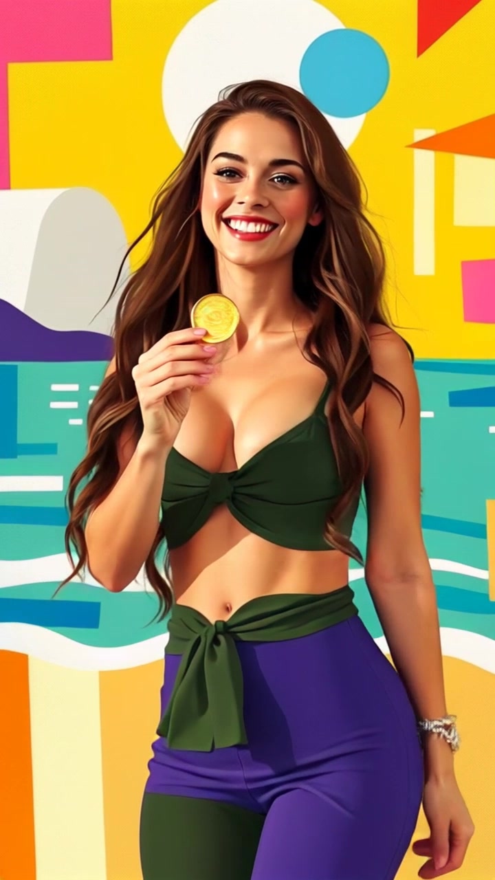 Subject: A woman in her mid-20s, smiling joyfully while standing on a sandy beach. Subject movement: She lifts a shiny gold coin up toward the sun, delight sparkling in her eyes. Scene: A vibrant beach setting with gentle waves lapping at the shore and a clear blue sky overhead. Style: Bright, sunny lighting that highlights the gold coin's gleam against the backdrop. Motion: The camera moves in a smooth, close-up shot, capturing the woman's expression and the coin as it glimmers in the sunlight.