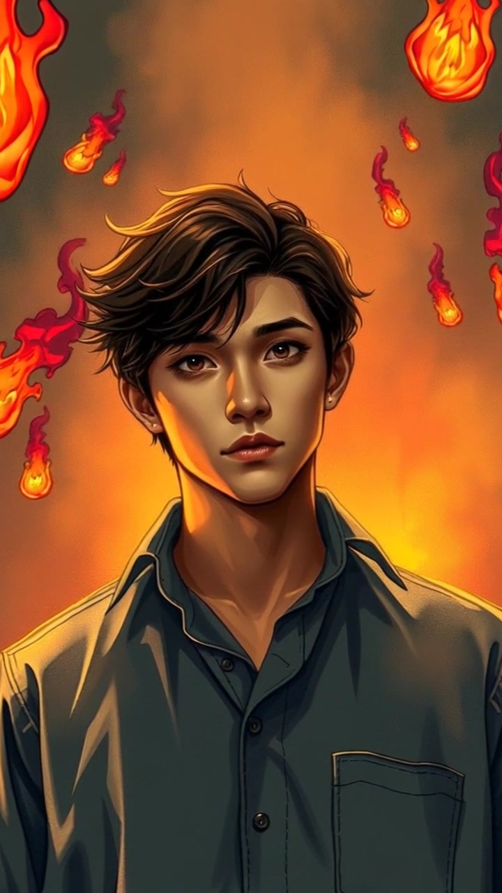 Scene: A prophet standing resolutely amidst swirling fiery images symbolizing political chaos and idol worship, with flames crackling in the air around them. Style: Dramatic lighting with deep reds and oranges illuminating the figures, creating an intense atmosphere. Motion: Camera slowly pushes in on the prophet, capturing their unwavering expression as the chaotic imagery flickers and dances violently in the background.