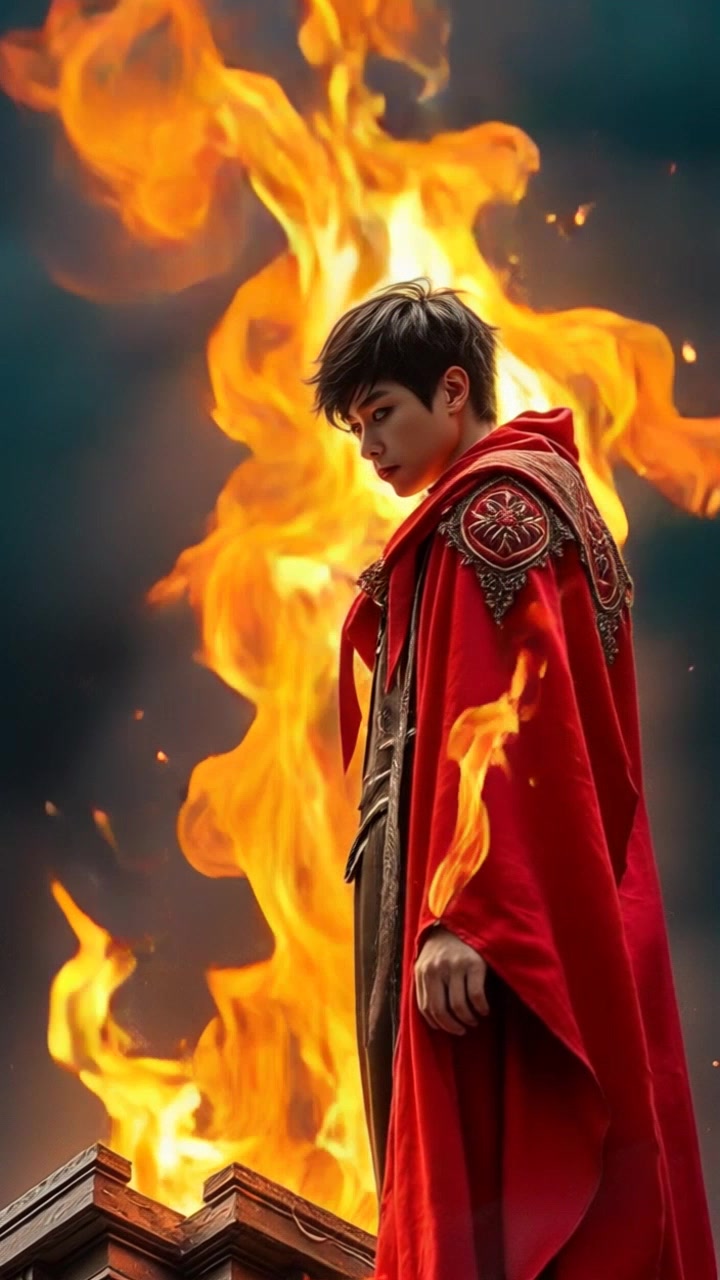 Subject: A striking figure of a Prophet, cloaked in radiant flames, standing at a shattered altar. Subject movement: The Prophet holds their ground strongly, flames flickering and illuminating their form against the backdrop. Scene: A dramatic and chaotic setting featuring the remnants of a shattered altar, darkened skies, and swirling embers. Style: Intense, fiery lighting enhancing the atmosphere of urgency and chaos. Motion: The camera slowly pushes in for a dramatic close-up, capturing the flames dancing around the Prophet as they remain resolute, with the shattered altar in sharp focus behind.