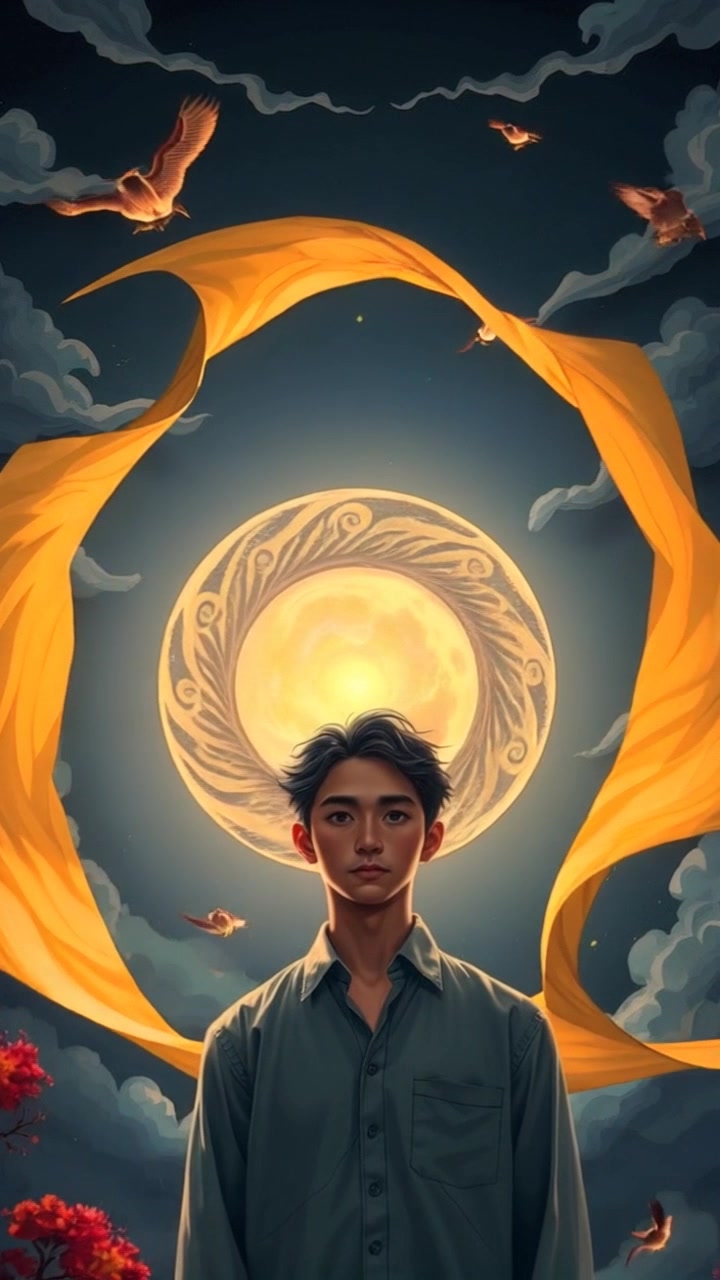 Scene: A dark sky dramatically splitting open like a scroll, unveiling a swirling vortex of vibrant colors and ethereal shapes behind a central figure, the Prophet. Style: Low-key lighting contrasts the deep shadows with bright, glowing hues from the vortex, creating a mystical atmosphere. Motion: The camera slowly pushes in towards the vortex, capturing the details of the swirling patterns, while the sky above continues to unfold in a captivating display.