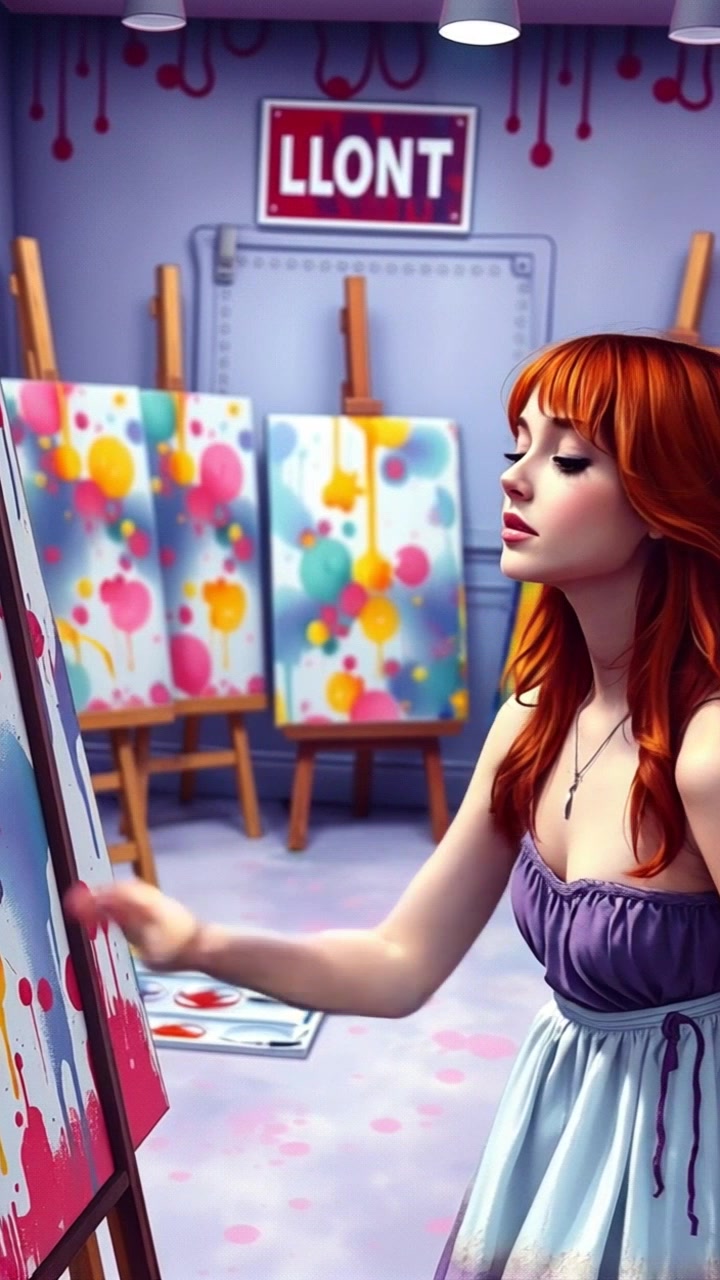 Subject: A girl exploring a vibrant art studio. Subject movement: She moves curiously through the space, stopping occasionally to admire different canvases. Scene: Colorful art studio overflowing with artistic creations, bright paint splatters adorning the floors and walls. Lighting: Bright, natural light streaming in through large windows, illuminating the colors. Motion: A dynamic handheld camera tracking shot follows her as she weaves through the studio, capturing her expressions and the eclectic atmosphere around her.