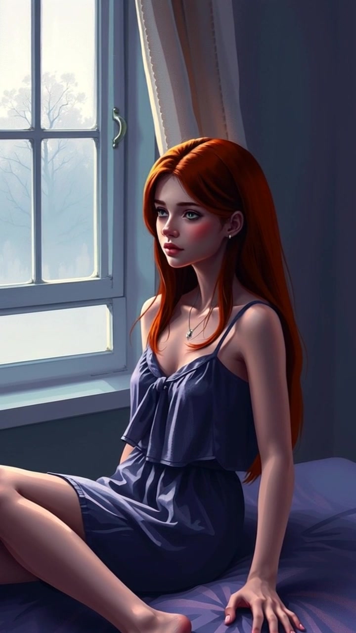 Subject: A girl sitting on a bed, gazing out the window with a somber expression. Scene: Dimly lit bedroom, soft shadows accentuating the mood, with curtains gently swaying in the breeze. Motion: Camera slowly pushes in from a corner of the room, capturing the girl’s contemplative gaze and the warmly glowing light filtering through the window, creating an intimate and reflective atmosphere.