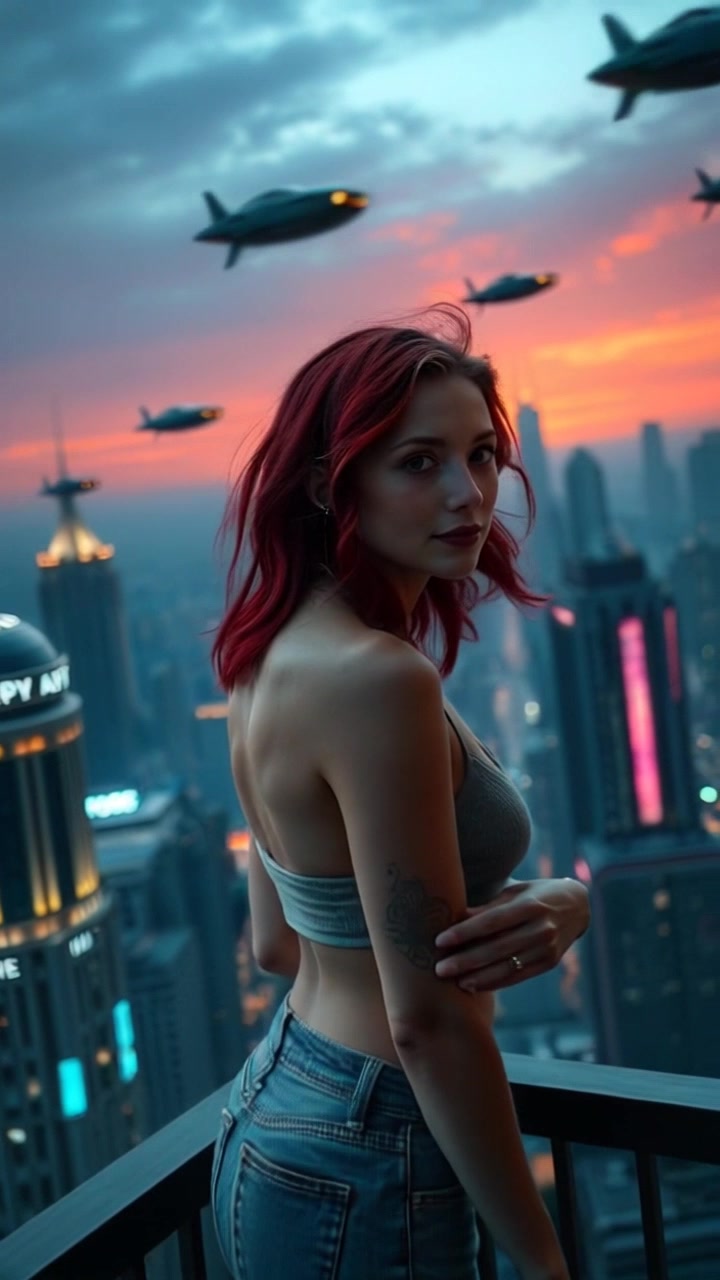 Subject: A Young Girl standing on a balcony. Subject movement: She gazes out over the vibrant city skyline, her hair gently swaying in the breeze. Scene: A futuristic city at sunset, where flying cars zip by amid glowing neon lights. Style: Soft, warm sunset lighting illuminating the skyline and casting vibrant reflections. Motion: Camera slowly pushes in from a wide shot of the skyline, capturing the dynamic cityscape before transitioning to a close-up of the girl's contemplative expression, with the hustle and bustle of the city behind her.