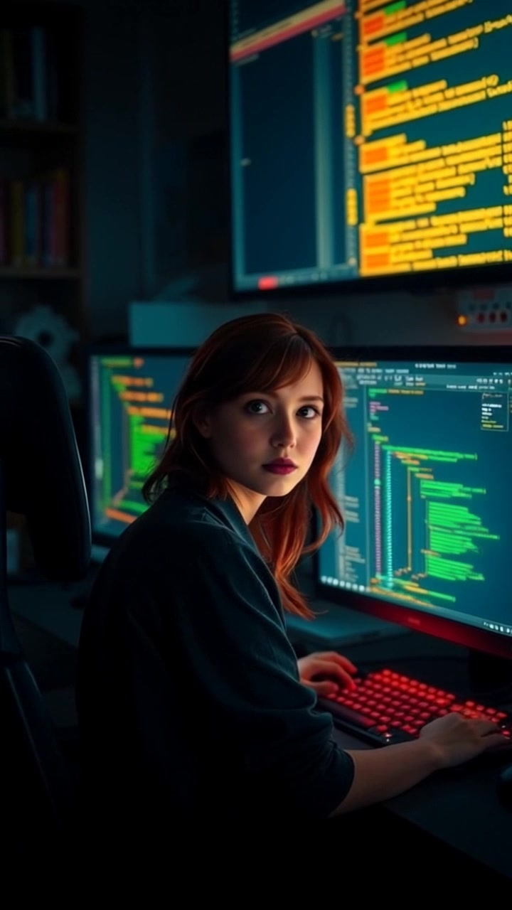 Subject: A young girl sitting in front of multiple glowing computer screens, intensely focused on her coding work. Subject movement: She leans forward slightly in concentration, her fingers dancing across the keyboard. Scene: A dimly lit room filled with the soft glow of screens, enhancing the atmosphere of tech and innovation. Style: Low, moody lighting that draws attention to the screens and her focused expression. Motion: The camera gently pushes in closer, capturing her determination and the flickering light from the monitors, with a slight tilt to emphasize her immersive environment.