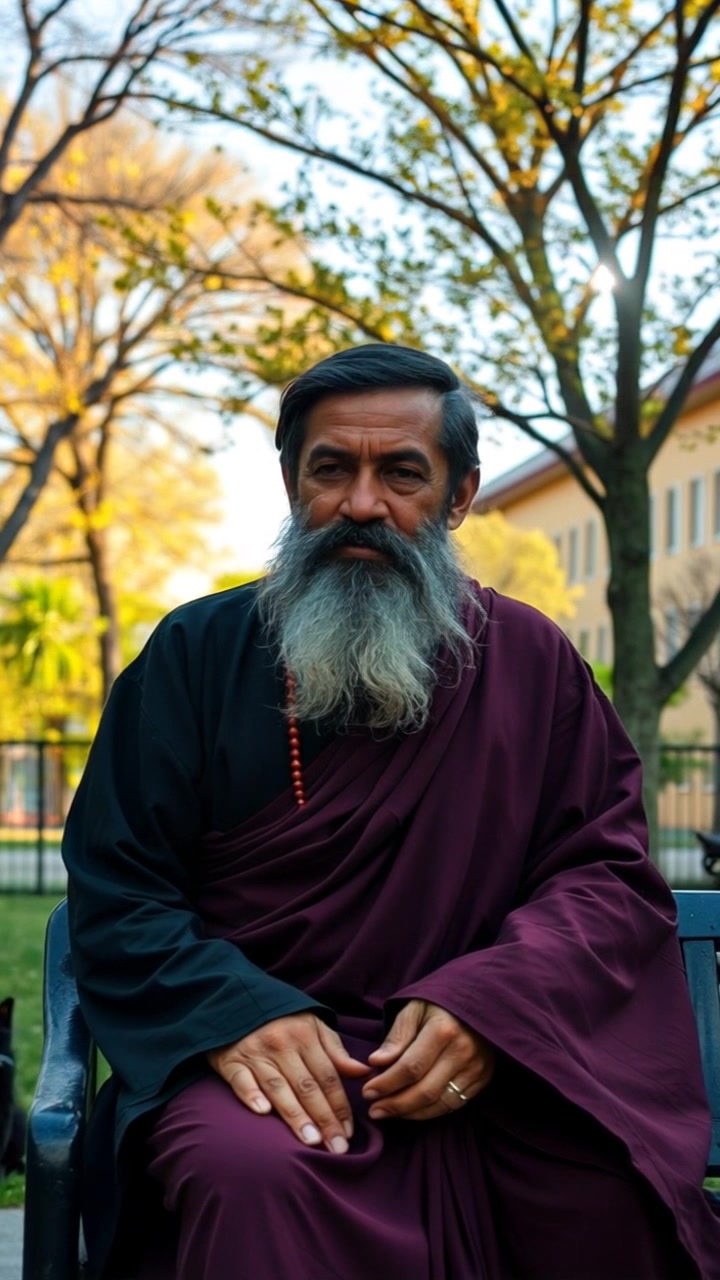 Guru (Traditional attire, Serene expression, Long beard) sitting on a bench, meditating under a tree with a school in the background. Slowly zoom in on the Guru for a close-up shot. Bright sunlight filtering through the leaves creates a peaceful atmosphere.