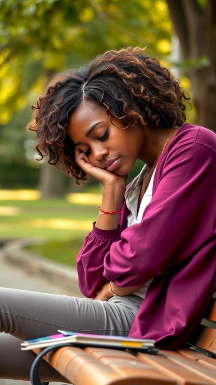 Subject: Kiki, a tired woman sitting on a park bench with her head resting on her hand. Description: Slouched posture, disheveled hair, casual clothing. Scene: Peaceful park setting with lush greenery and gentle sounds of nature. Camera: Slow zoom in towards Kiki, focusing on her tired expression and subtle movements. Lighting: Soft golden hour light casting a warm glow on Kiki's face. Atmosphere: Serene, introspective, and tranquil.