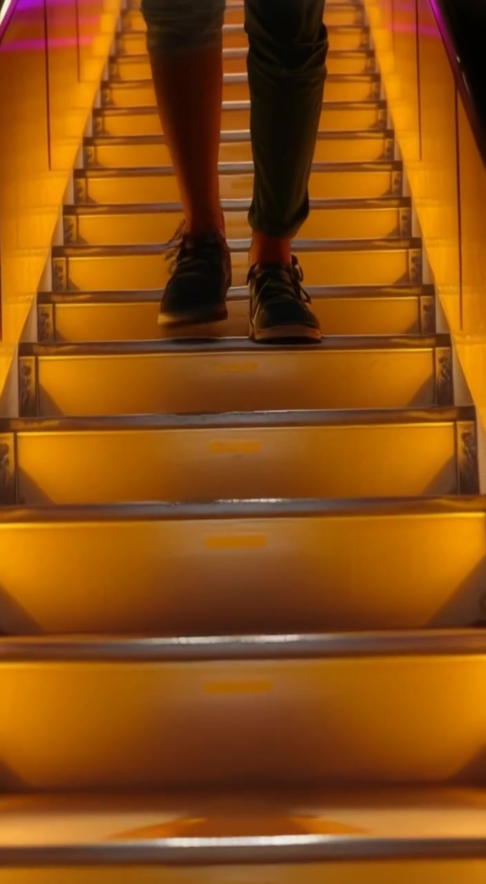 The boy steps down the staircase, each step gently illuminating in sequence beneath his feet.