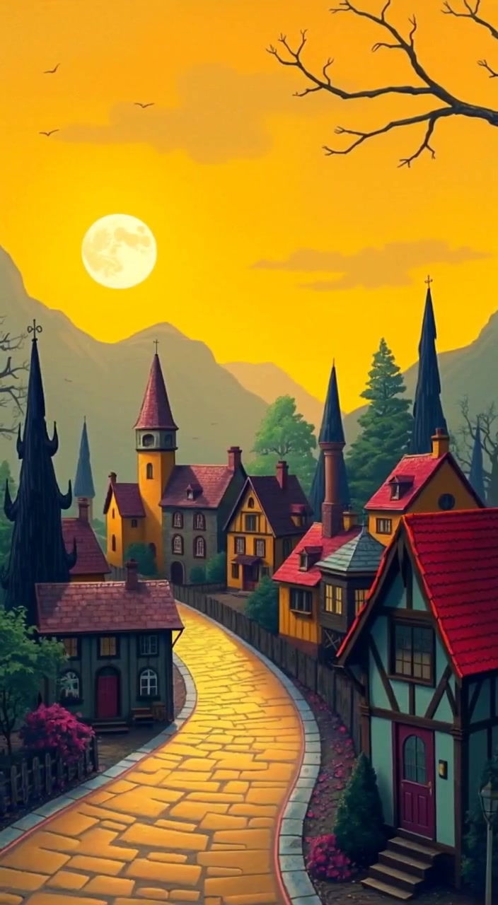 A gentle river flows quietly past quaint houses, while leaves rustle softly in the trees surrounding the village.
