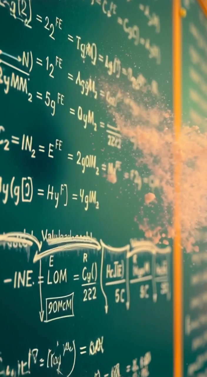 Chalk dust gently swirls in the air above a chalkboard filled with complex quantum mechanics equations.