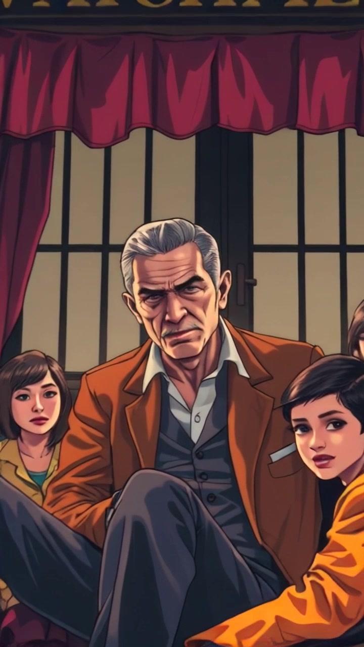 Kakek Gandeng, in old-fashioned clothing, sits in a living room surrounded by family members, looking eccentric. Slowly zoom in on Kakek Gandeng's face as he shares a mischievous grin with the camera. The lighting is warm and cozy, adding to the intimate and familial atmosphere of the scene.