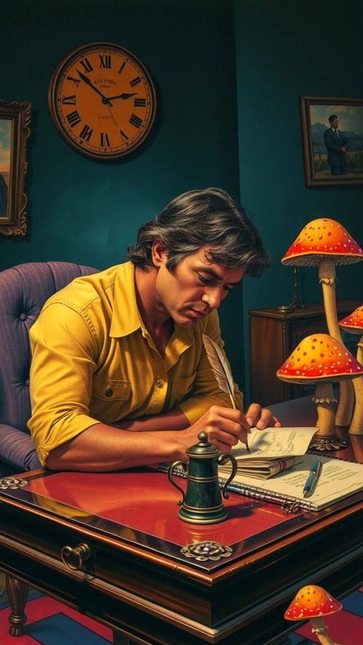 Scene: Yesus sits at a wooden desk in a dimly lit room, focused on writing notes on parchment with a quill. Style: Soft, warm candlelight accentuates the textures of the room and the wooden desk, creating a contemplative atmosphere. Motion: Camera slowly pushes in from a distance, capturing the intimate moment as the quill glides over the parchment, emphasizing the tranquility and dedication of the scene.