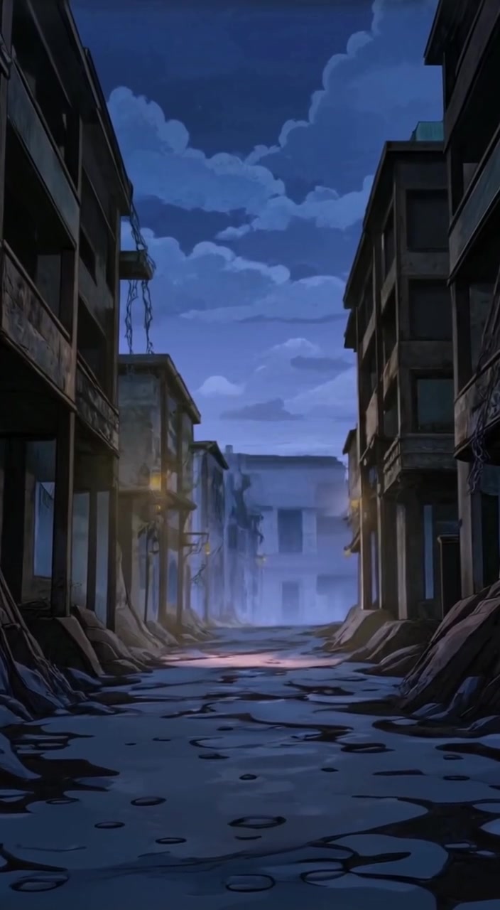 A shadowy figure walks slowly down a dark, foggy street, with shadows lingering in the background.