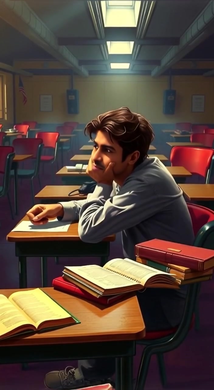 A boy leans closer as he whispers, surrounded by scattered books and disarrayed desks in a chaotic classroom.