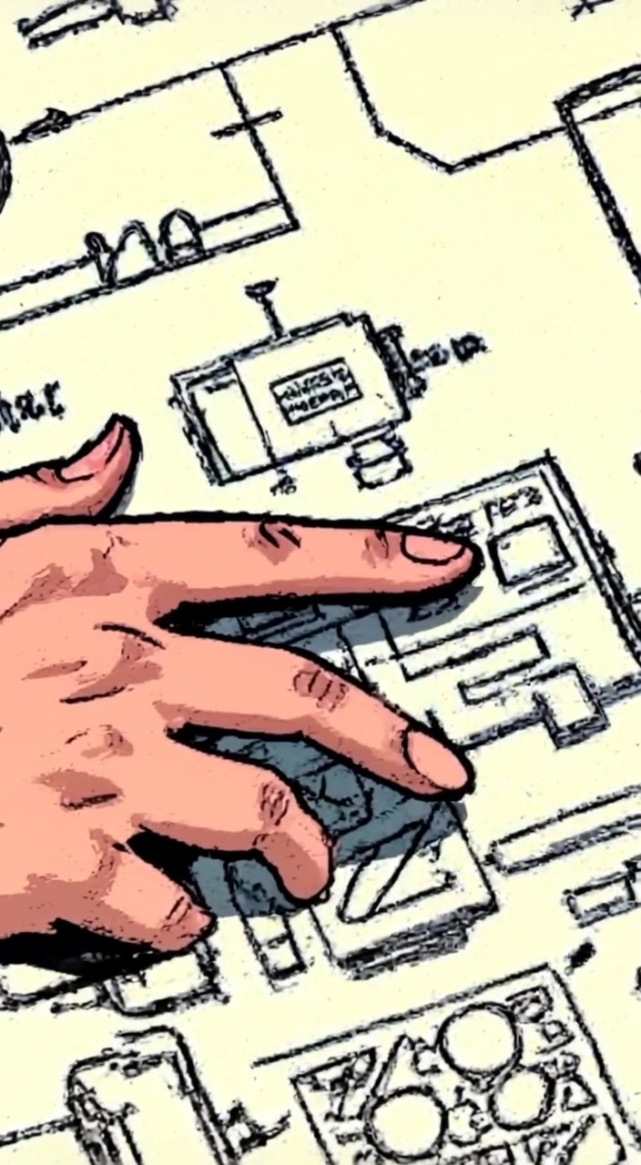 The man excitedly studies the large blueprint, tracing chaotic sketches with his finger, revealing details of a grand design.