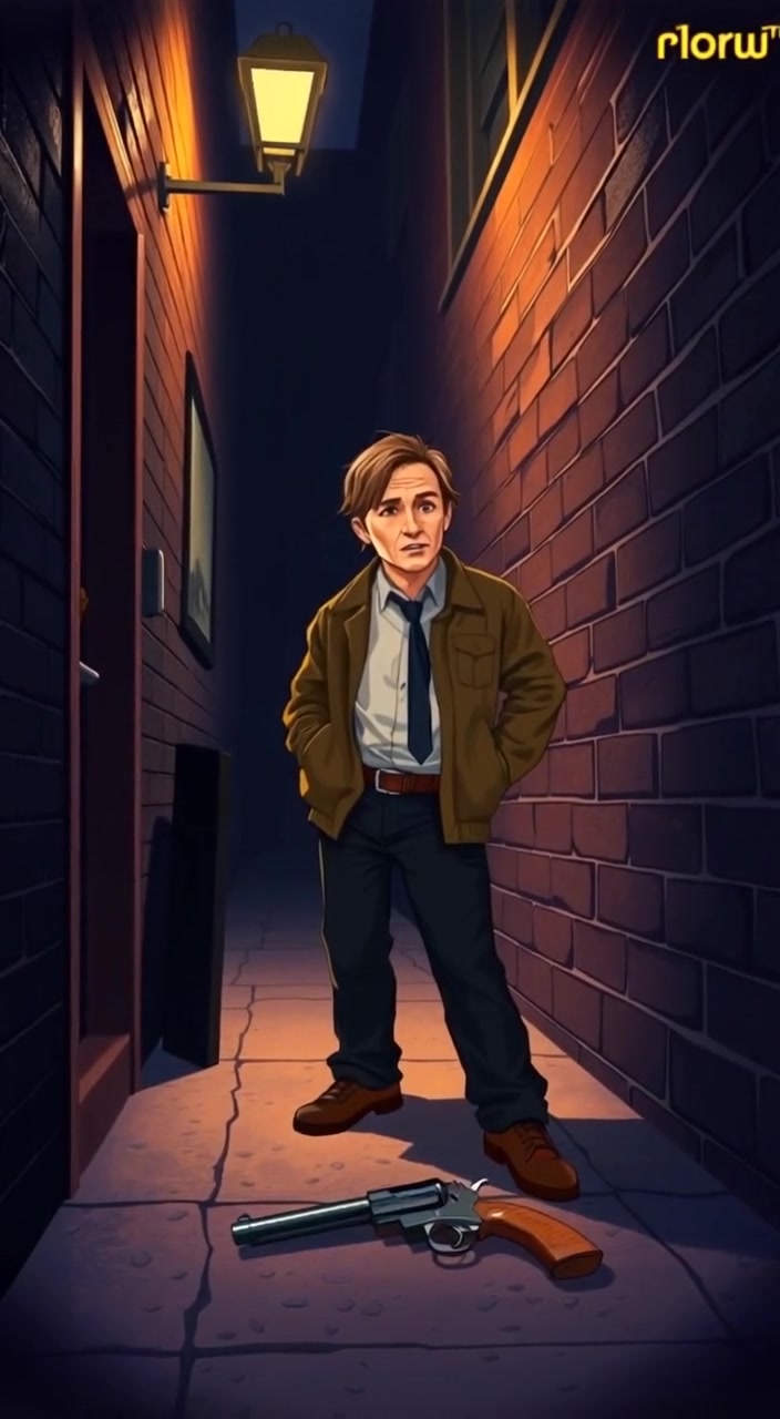 A shadowy alley fills with tension as a figure stands surprised, glancing down at a weapon on the ground.
