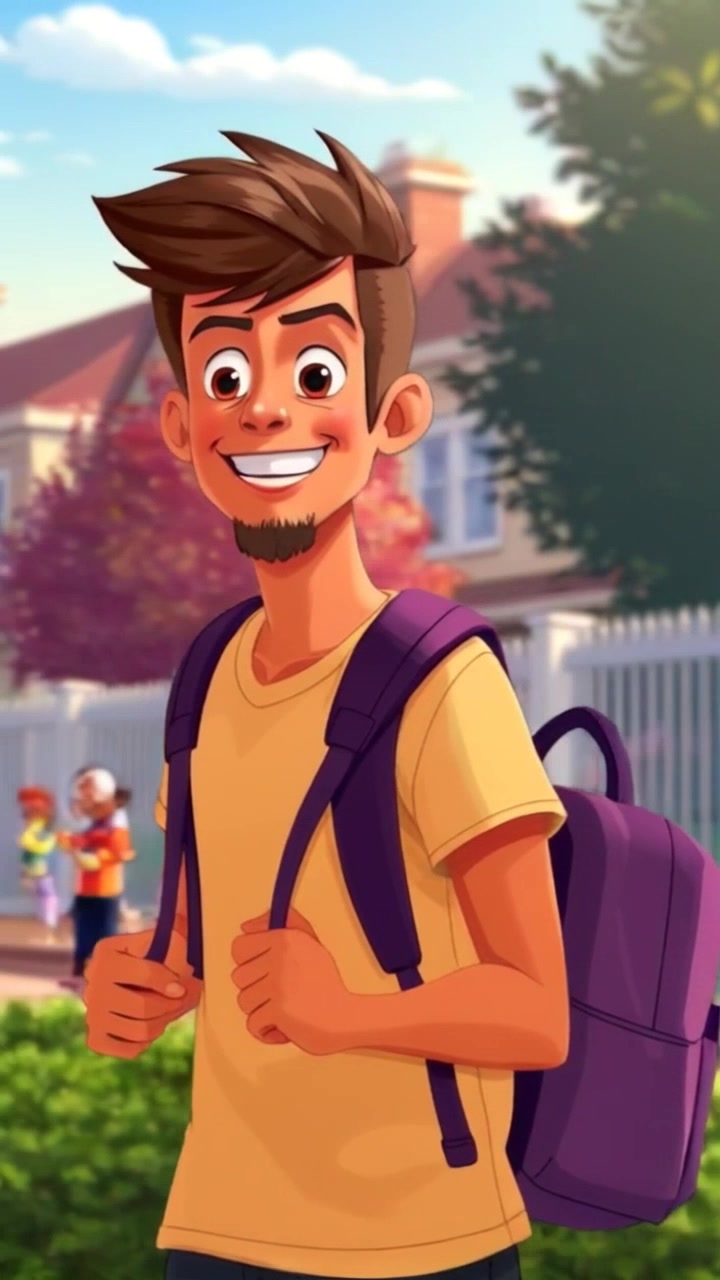 Subject: Rudr walking home from school, with a backpack slung over one shoulder, smiling brightly. Subject movement: He strides confidently along the tree-lined sidewalk, radiating joy. Scene: A suburban neighborhood with kids playing and houses lined with colorful trees. Style: Warm afternoon light envelops the scene, creating an inviting atmosphere. Motion: The camera follows Rudr with a smooth handheld tracking shot, capturing the vibrant surroundings as he walks, with occasional close-ups of the joyful expressions on his face.