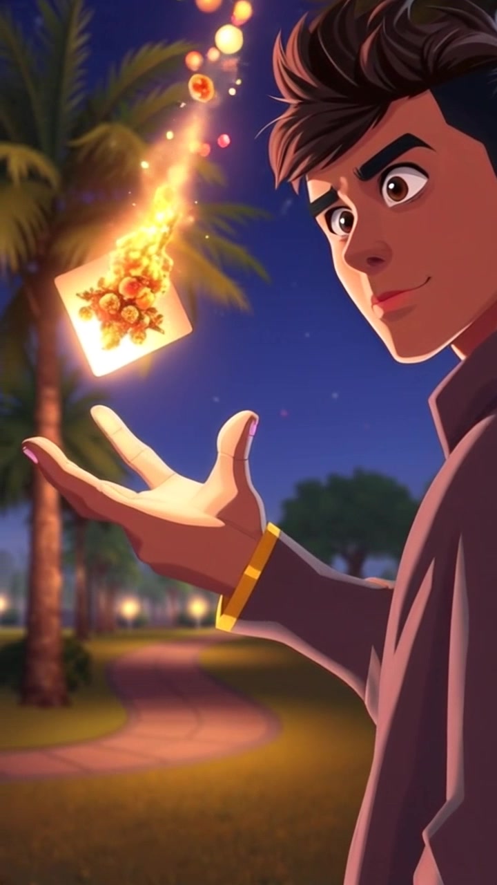 Subject: Rudr reaching out towards a glowing meteorite. Subject movement: Rudr extends his hand slowly and deliberately to touch the radiant meteorite resting on the ground. Scene: A serene park setting with lush greenery and soft pathways. Style: Ambient lighting with a magical glow emanating from the meteorite, casting ethereal reflections. Motion: The camera elegantly pushes in to capture Rudr's expression and the details of the meteorite, emphasizing the mystical moment.