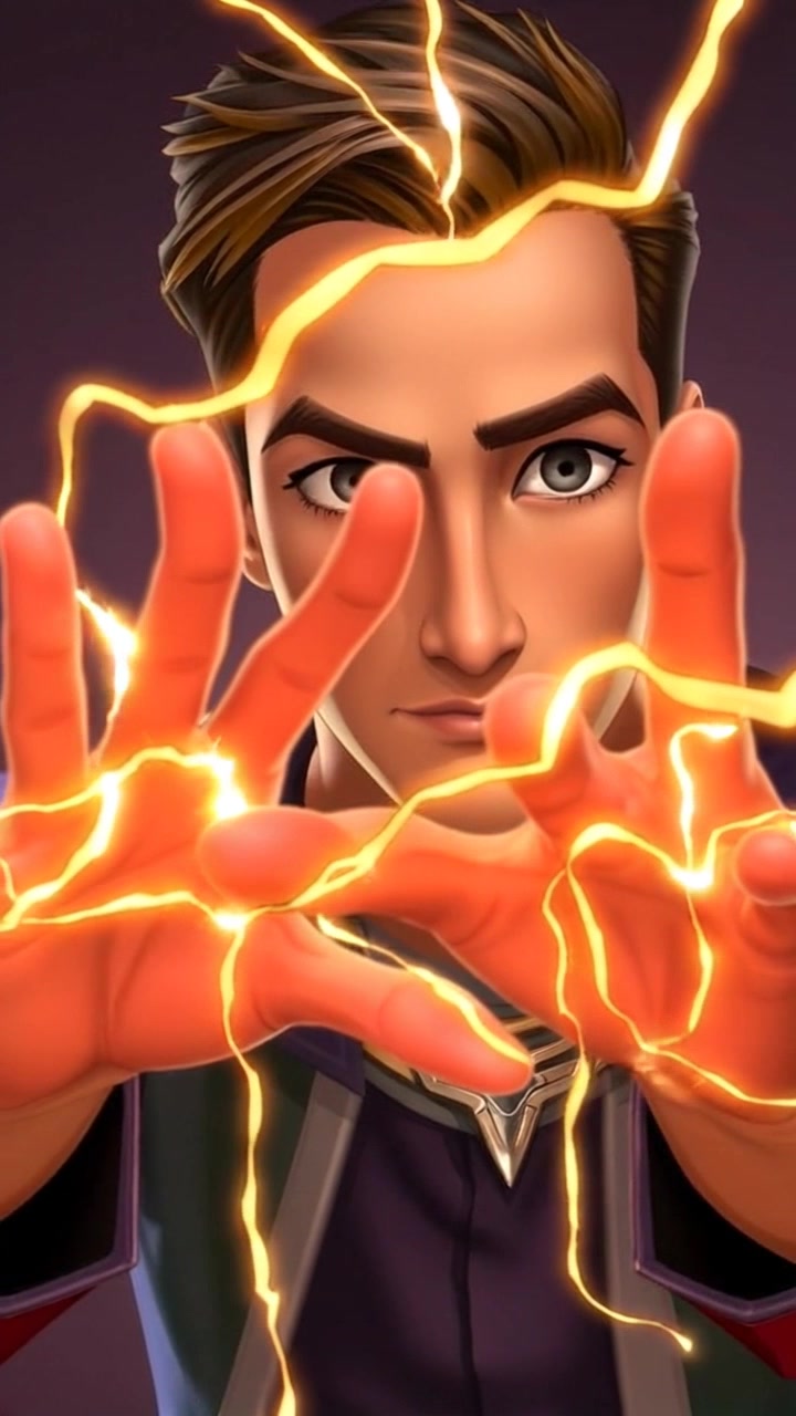 Subject: Hands emitting sparks of electricity, radiating vibrant energy. Subject movement: The hands move briskly apart, creating a dazzling display of electric arcs between the fingertips. Scene: Close-up of the hands against a dark, moody background that enhances the sparks' brightness. Lighting: High contrast with dramatic highlights illuminating the electric discharges. Motion: The camera zooms in sharply on the fingers as they separate, capturing the crackling energy in stunning detail.