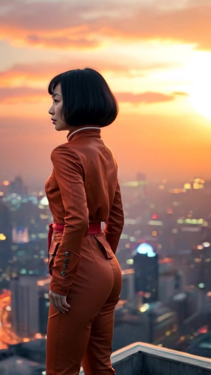 Subject: A confident Astro-Girl in a heroic pose. Subject movement: She stands firmly atop a city rooftop, gazing intently over the skyline as the city lights begin to twinkle. Scene: Rooftop view of a bustling city at dusk, with the skyline illuminated against the darkening sky. Style: Warm, ambient sunset lighting enhancing the vibrant colors of the buildings. Motion: The camera rotates around Astro-Girl, capturing her silhouette against the glowing horizon, before pulling back to reveal the dynamic cityscape she overlooks.