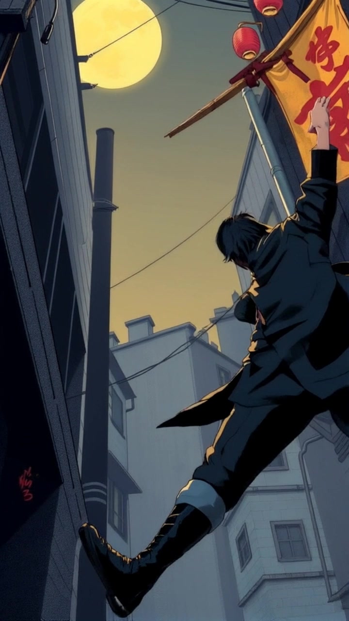 Subject: A ninja clad in dark attire, poised in mid-air with a focused expression, leaping towards an unseen opponent. Subject Movement: Dynamic leap through a dark, moonlit alleyway. Scene: Shadowy alleyway with a mystical, moonlit ambiance setting the stage for the ninja's agile actions. Camera Language: Fluidly tracks the ninja's movement in mid-air, capturing the intensity and precision of the leap. Lighting: Moonlight casting dramatic shadows, enhancing the stealthy and mysterious atmosphere.