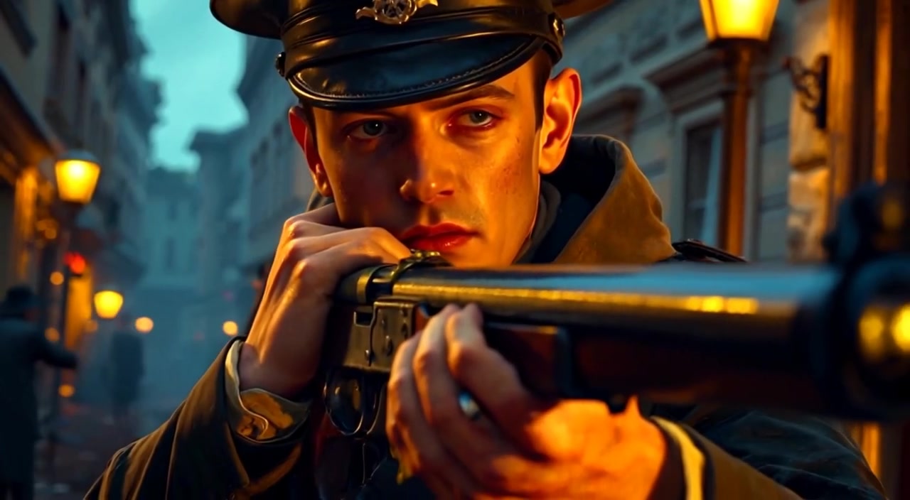 The soldier slowly raises his musket, gaze focused, absorbing the confusion in the surroundings.