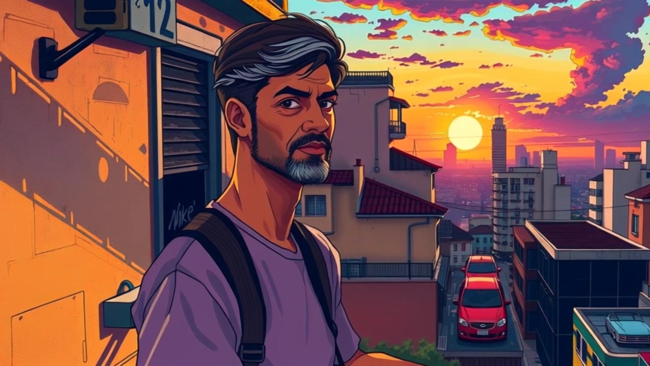 Hetaka, with tousled hair and a casual t-shirt, stands on his balcony overlooking an ordinary cityscape at sunset. Slowly pan the camera to the left as he gazes pensively at the view. Ultra wide angle shot with warm sunset lighting, creating a contemplative and peaceful atmosphere.