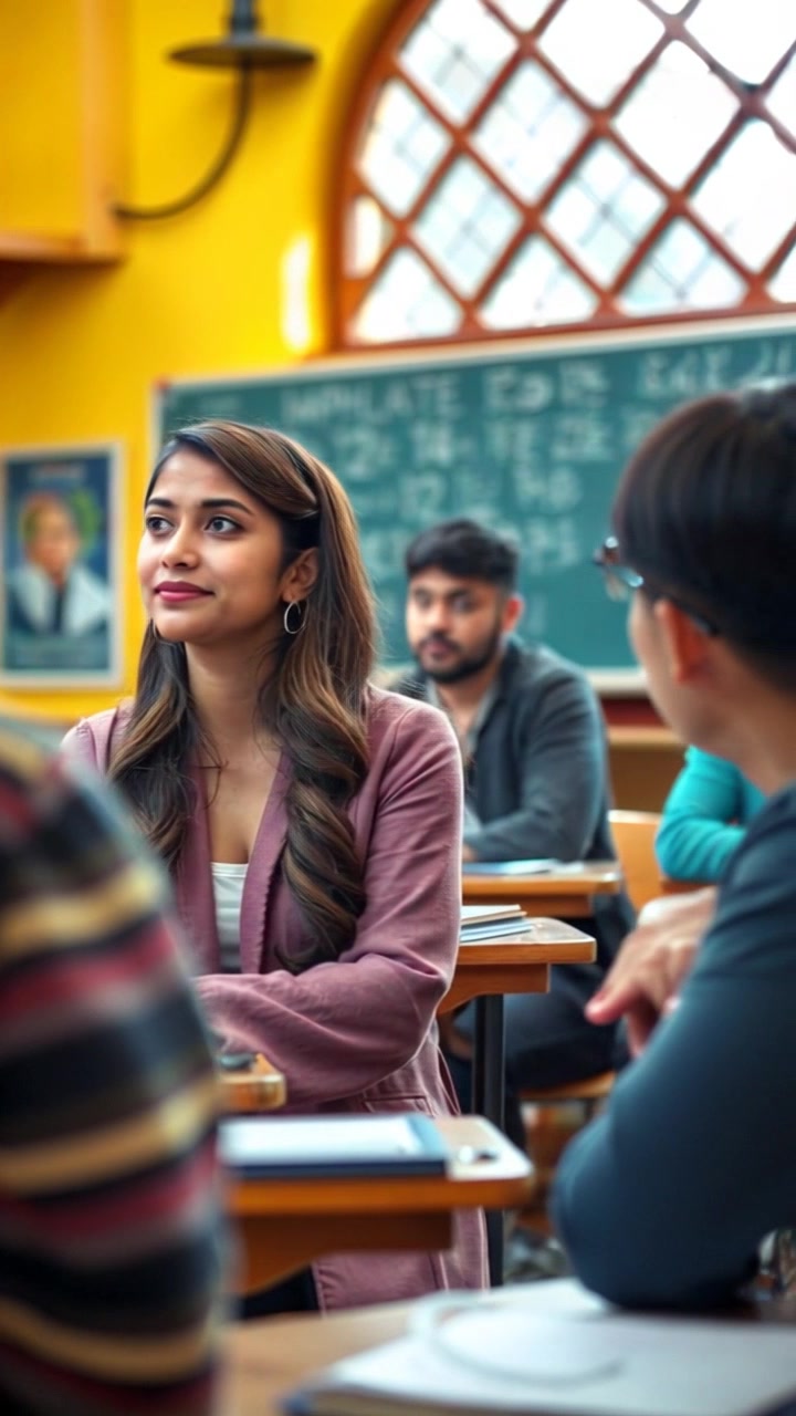 Scene: An engaging classroom setting with students seated, listening attentively to an instructor at the front. Style: Bright, natural daylight streaming in through large windows, creating an inviting and focused learning atmosphere. Motion: The camera gently floats from student to student, capturing their engaged expressions as they interact with the instructor, transitioning smoothly between the focused faces and the instructor's animated gestures.