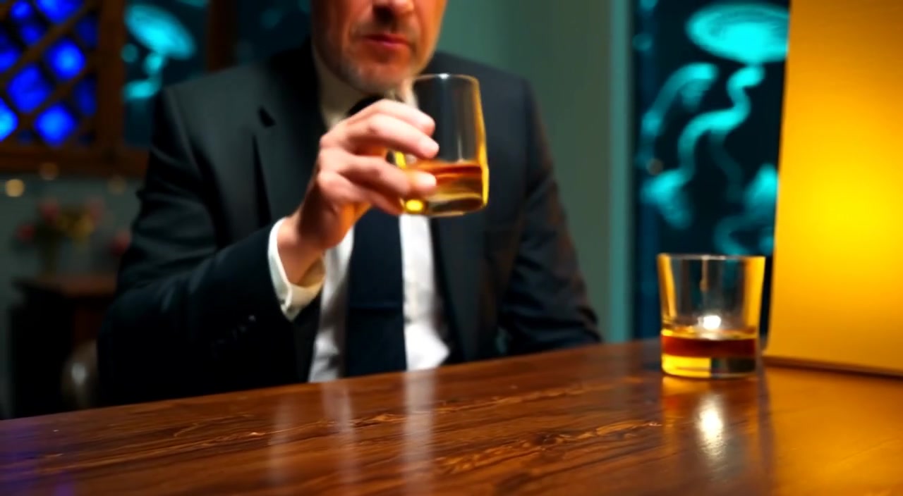 The man gently swirls the whiskey in the glass, contemplating thoughtfully, with soft light reflecting off the wood.