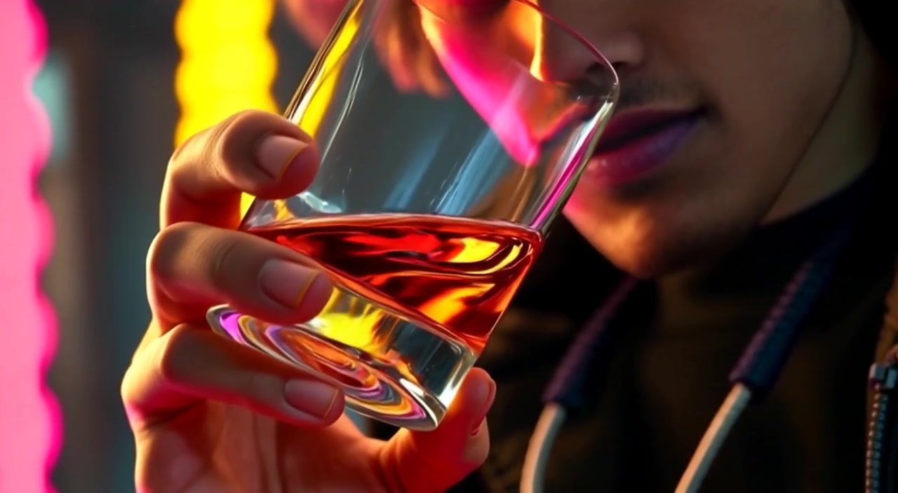 The hand gently swirls the whiskey in the glass, the amber liquid reflecting light gracefully.