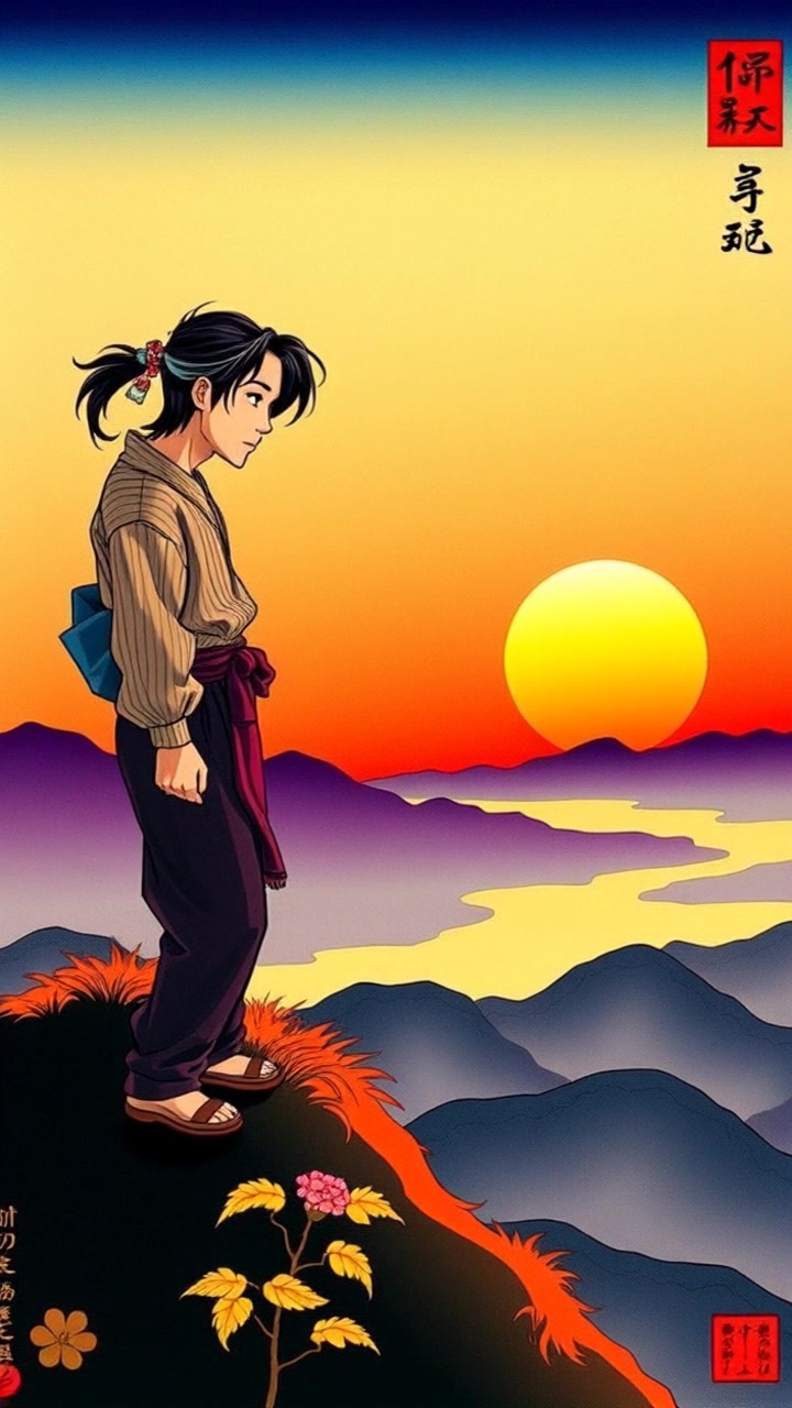 Yang Termuliakan stands on a hilltop, gazing thoughtfully at the setting sun. Pan around the subject to capture the expansive view of the colorful sky and rolling hills. Golden hour lighting enhances the serene and reflective atmosphere.