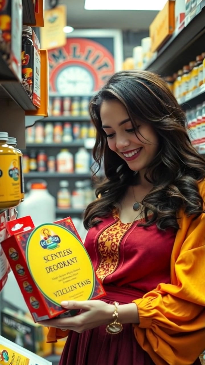 Subject: A smiling woman in a store, picking up a package of Scentless Internal Deodorant. Subject movement: She joyfully reaches for the product, her expression radiating satisfaction. Scene: Brightly lit convenience store aisle filled with personal care items. Style: Warm, inviting lighting enhancing the friendly atmosphere of the store. Motion: Camera smoothly pushes in to focus on the woman's expression and the product in her hands.