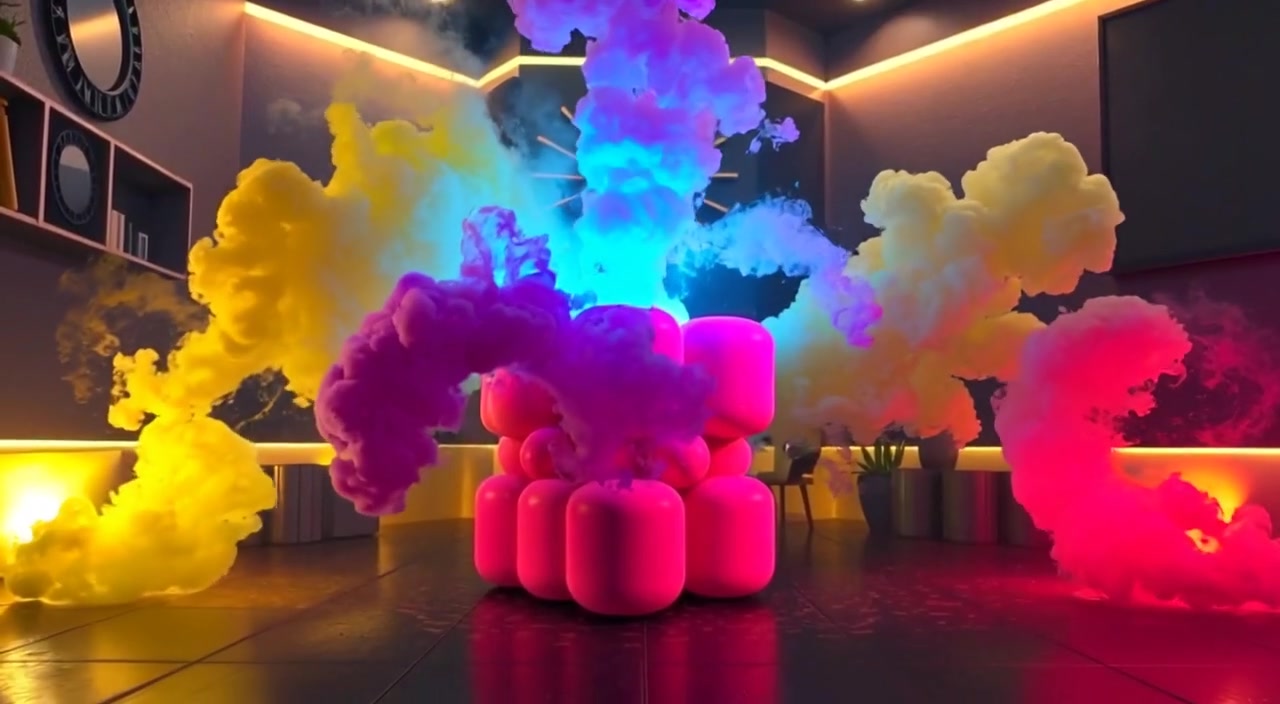 Colorful smoke gently swirls and spreads throughout the room, creating a mesmerizing visual display.