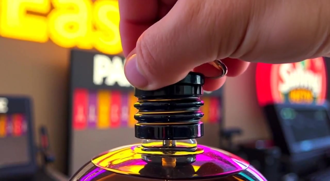 The cap of a fragrance bottle opens gently, releasing an invisible cloud of scent into the airy room.